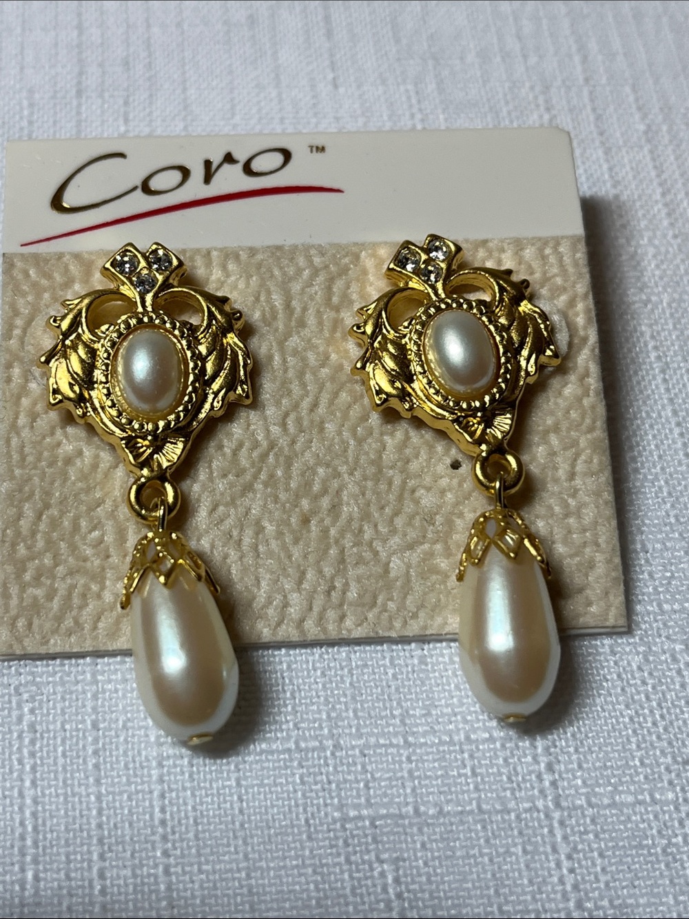 New Vintage Coro Gold-Tone Pearl Drop Earrings - Ivory Pearls